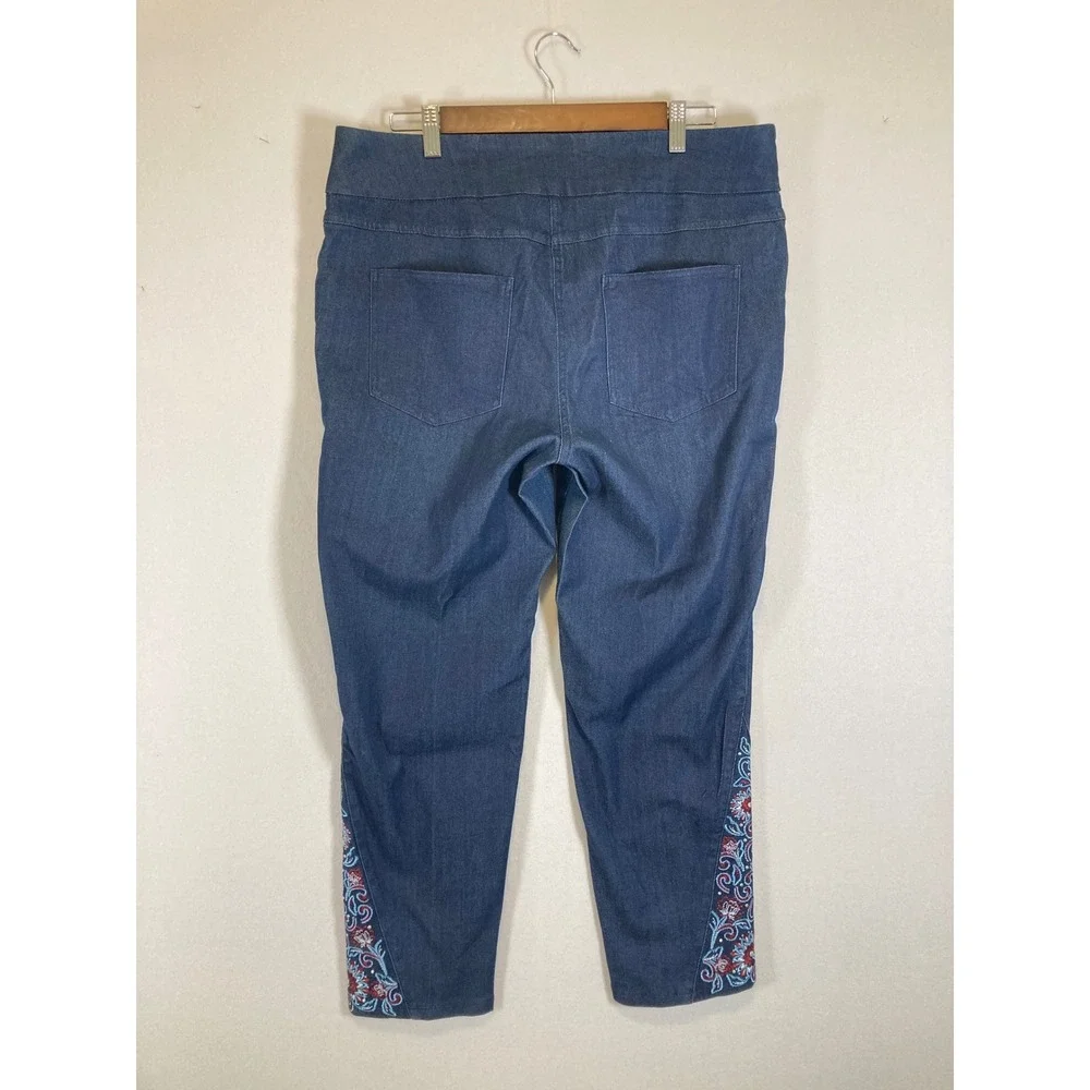 Boho Floral Ruby Rd. Womens 12 Blue Embroidered Pull-On Cropped Jeans 23100 QI‎